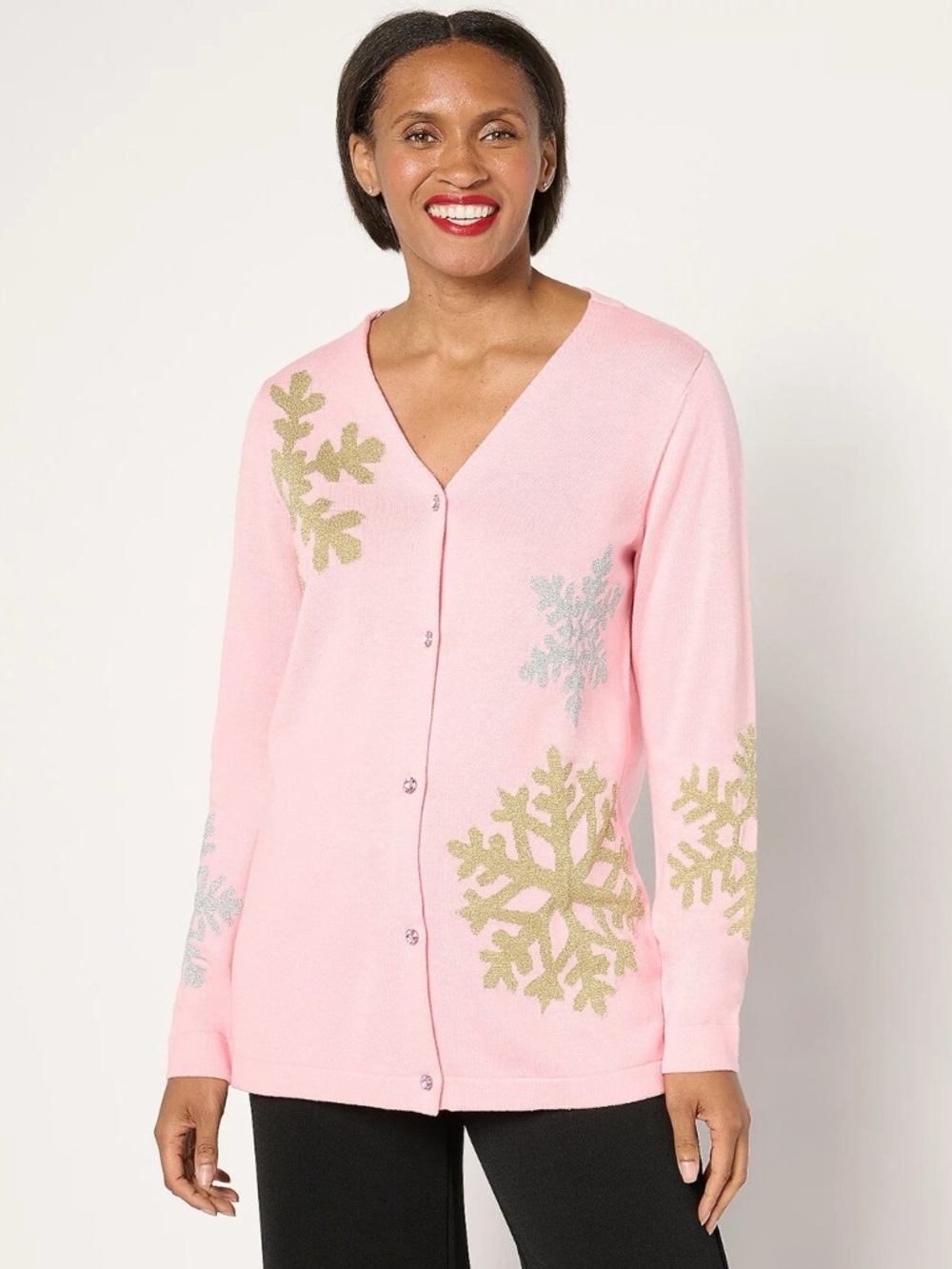 Quacker Factory Snow Day V-Neck Sweater Cardigan - Size S